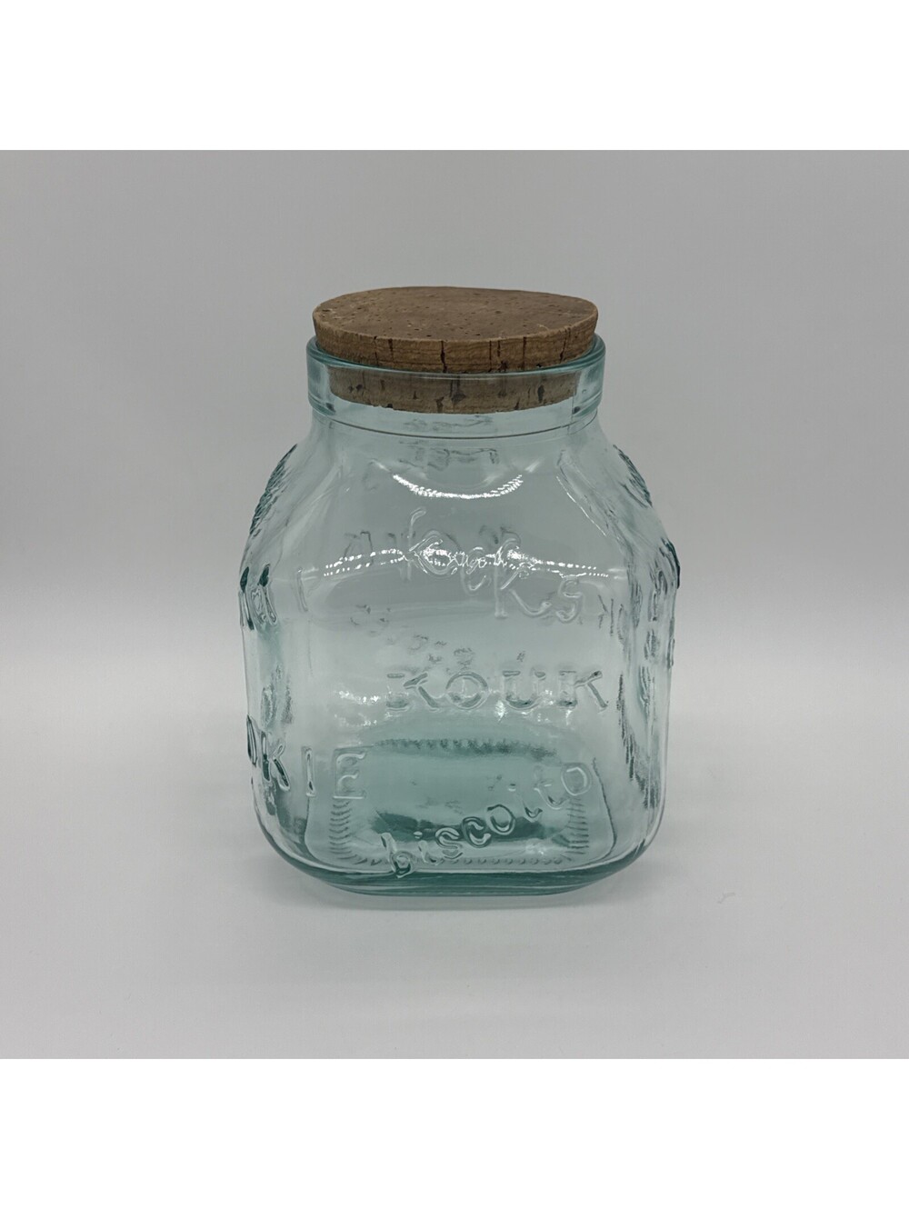 Clear Glass Green Biscotti, Italy Cookie Jar Cork Top